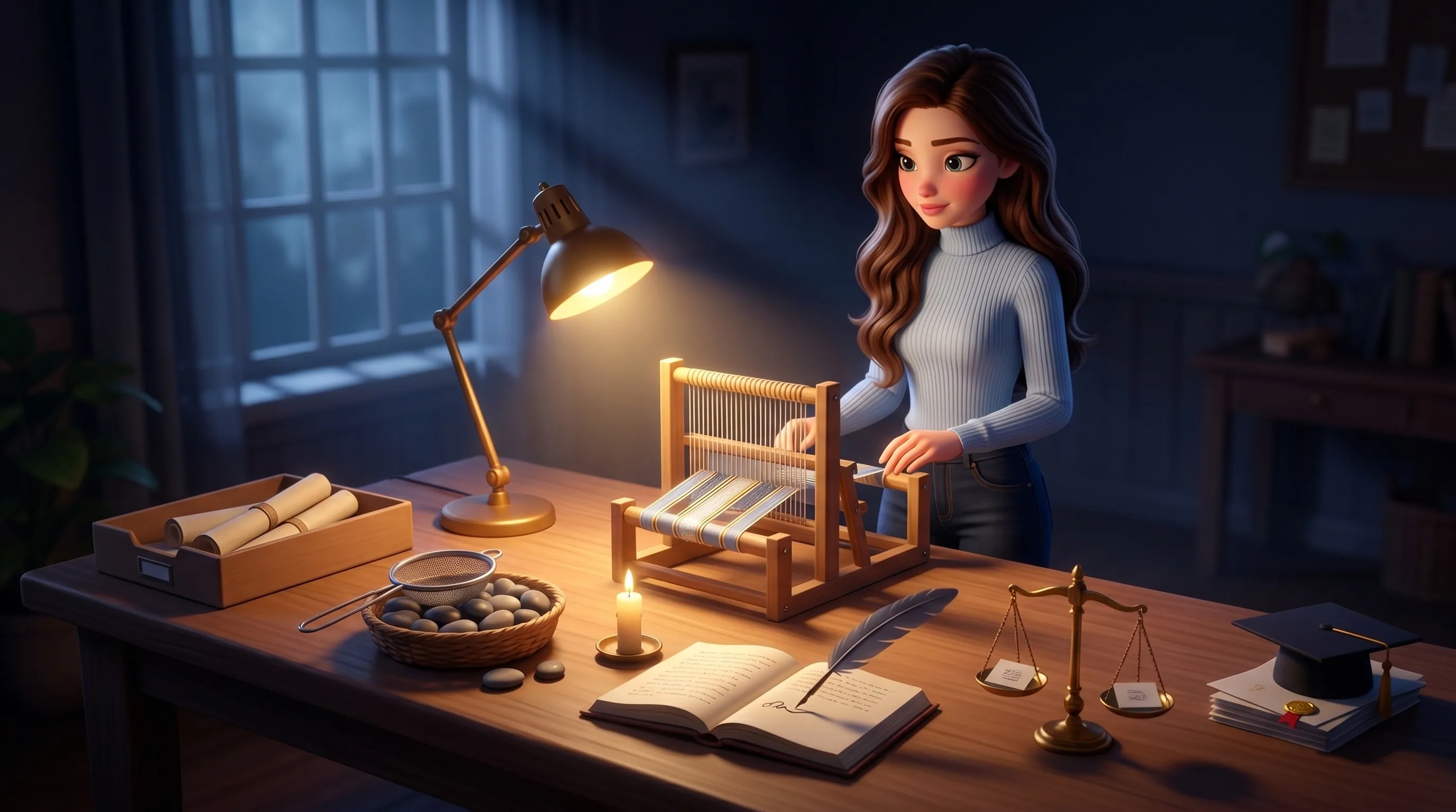 Mari at her night atelier with six work-stations along a long wooden table, each station a different stage of the nightly memory work