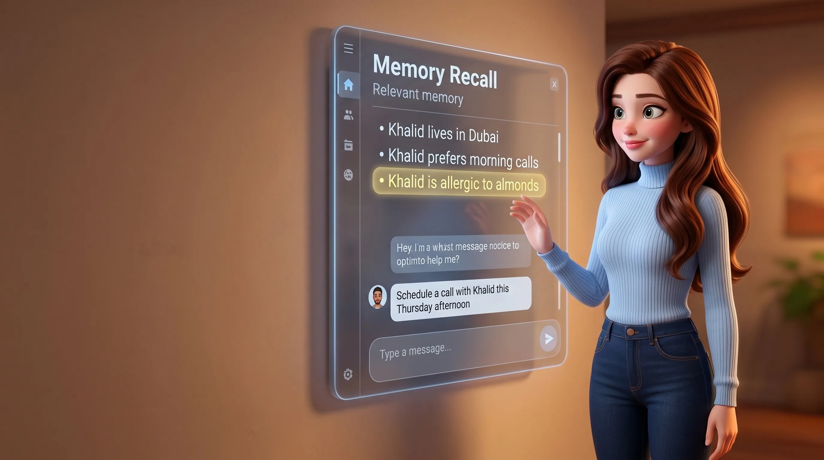 Mari at a chat UI with a relevant-memory panel visible above the latest message