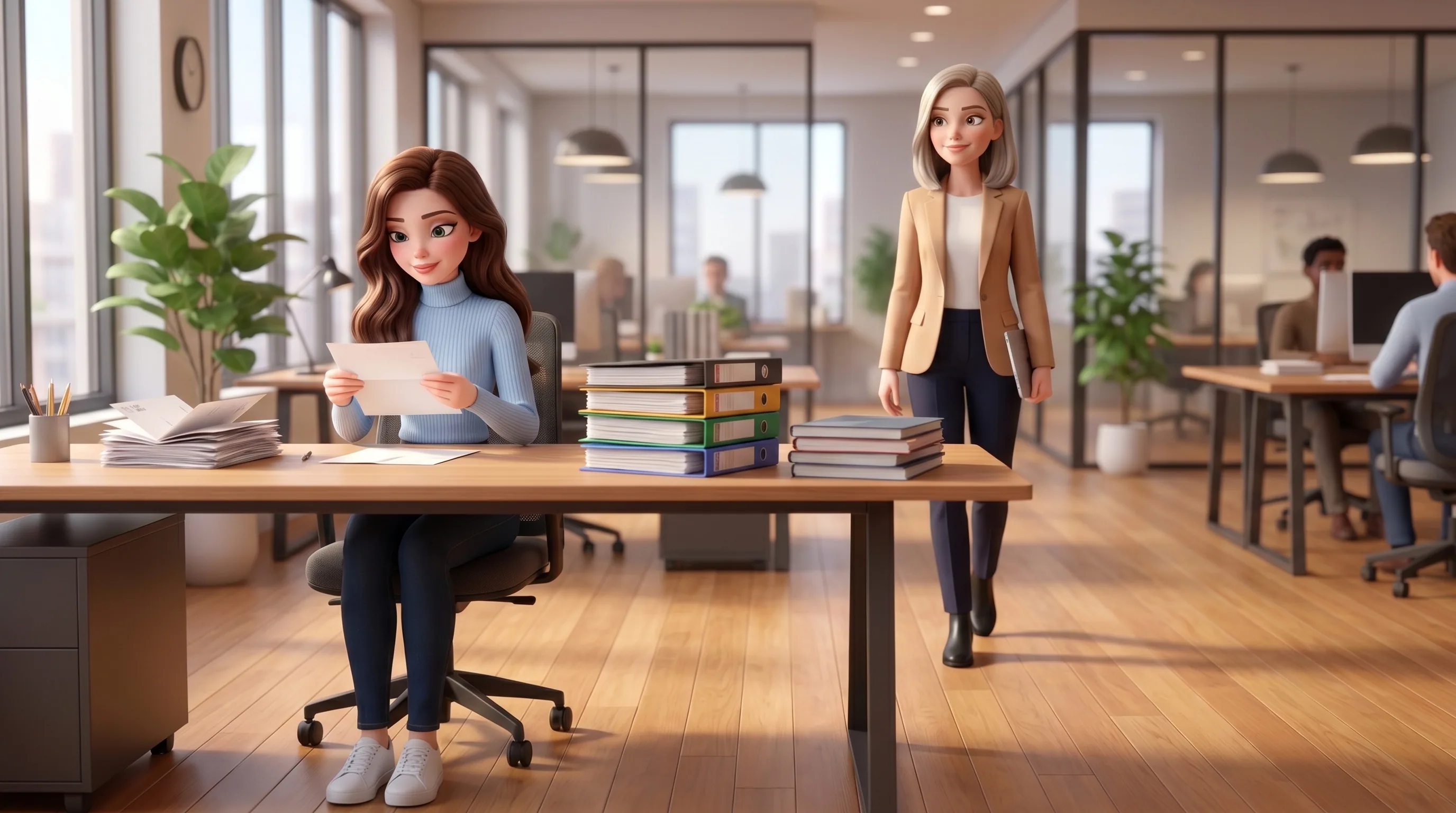 Mari at a command desk with letters, binders and reports, handling inbox, files and knowledge
