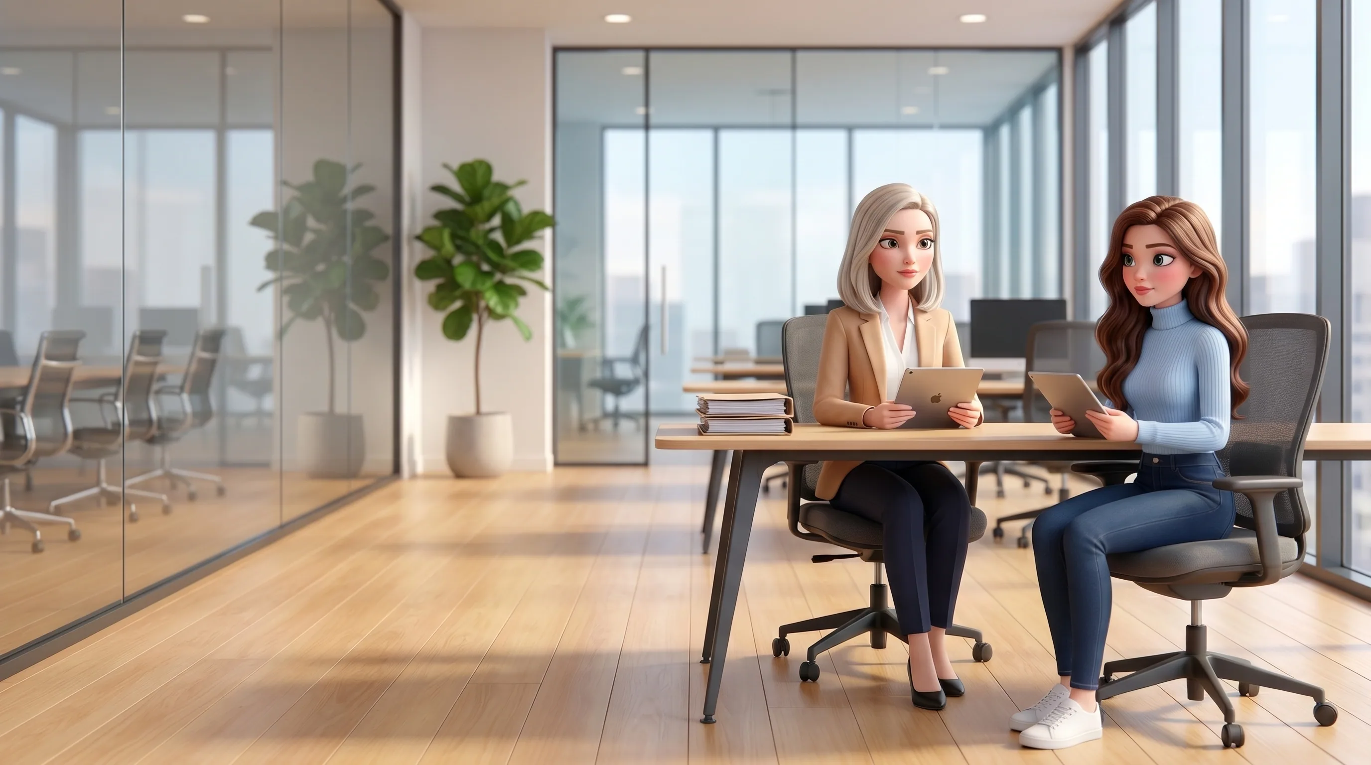 A team manager at her office desk with Mari beside her, running the inbox and the files