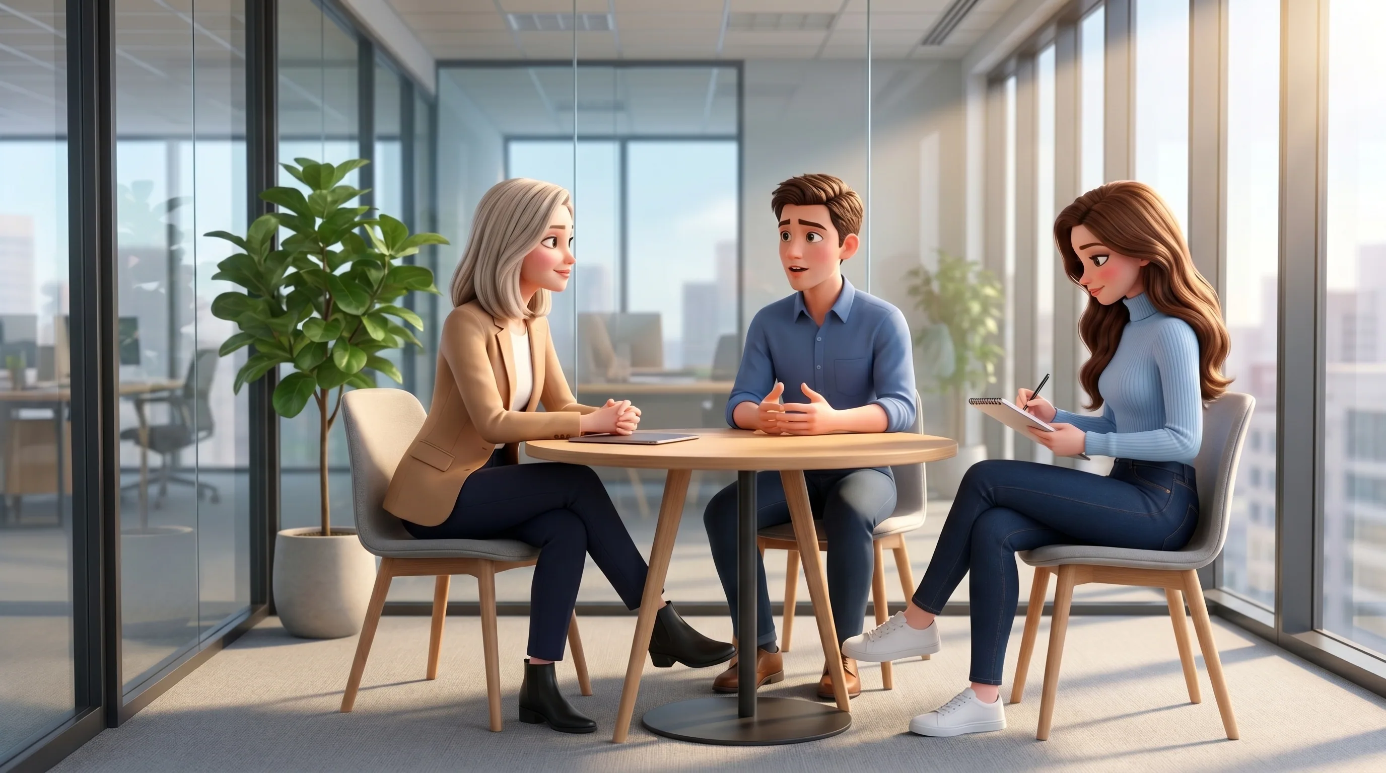 A 1:1 in a glass meeting room, briefed by Mari from the desk