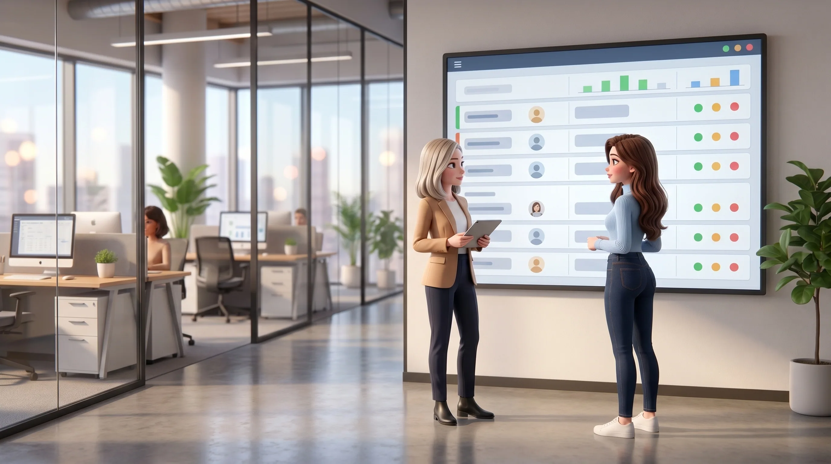 A team manager and Mari at a large operations dashboard wall in the office