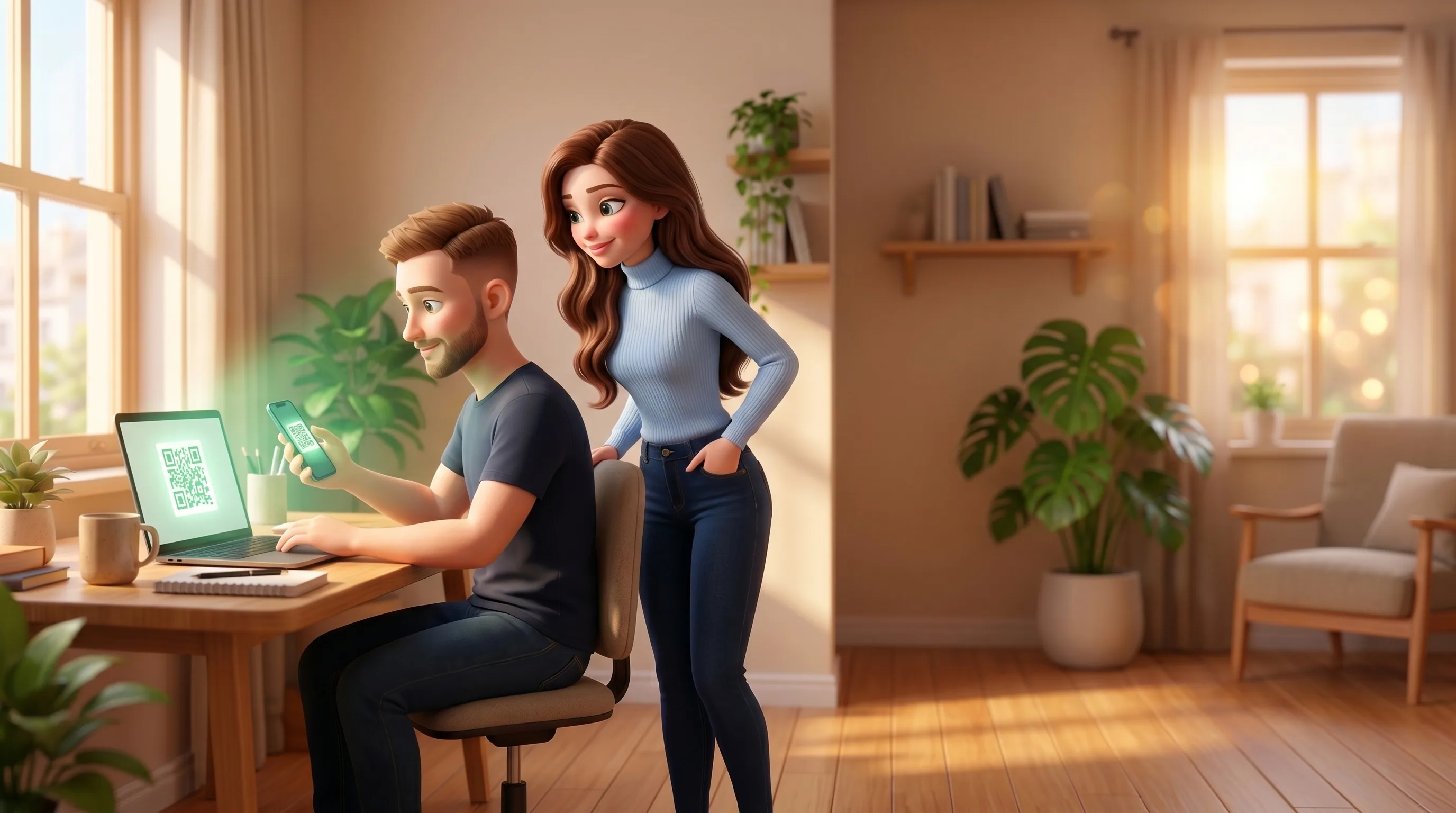 Vadim connecting WhatsApp with a single scan, Mari beside him
