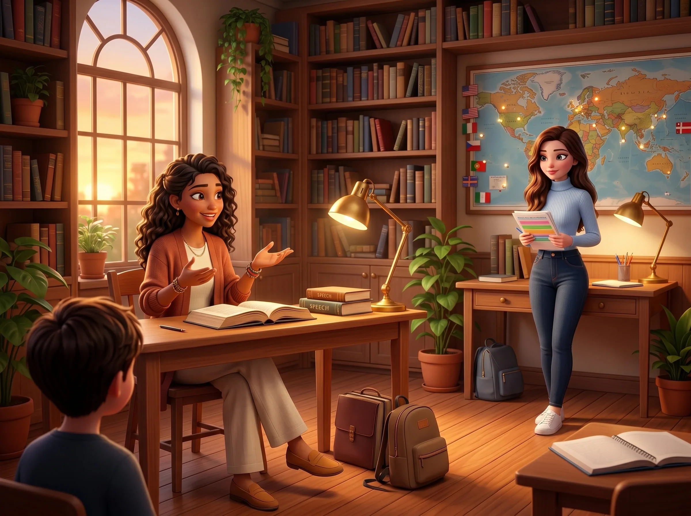 The Linguara teacher in a warm lesson with a student while Mari runs the lesson plans and operations in the back