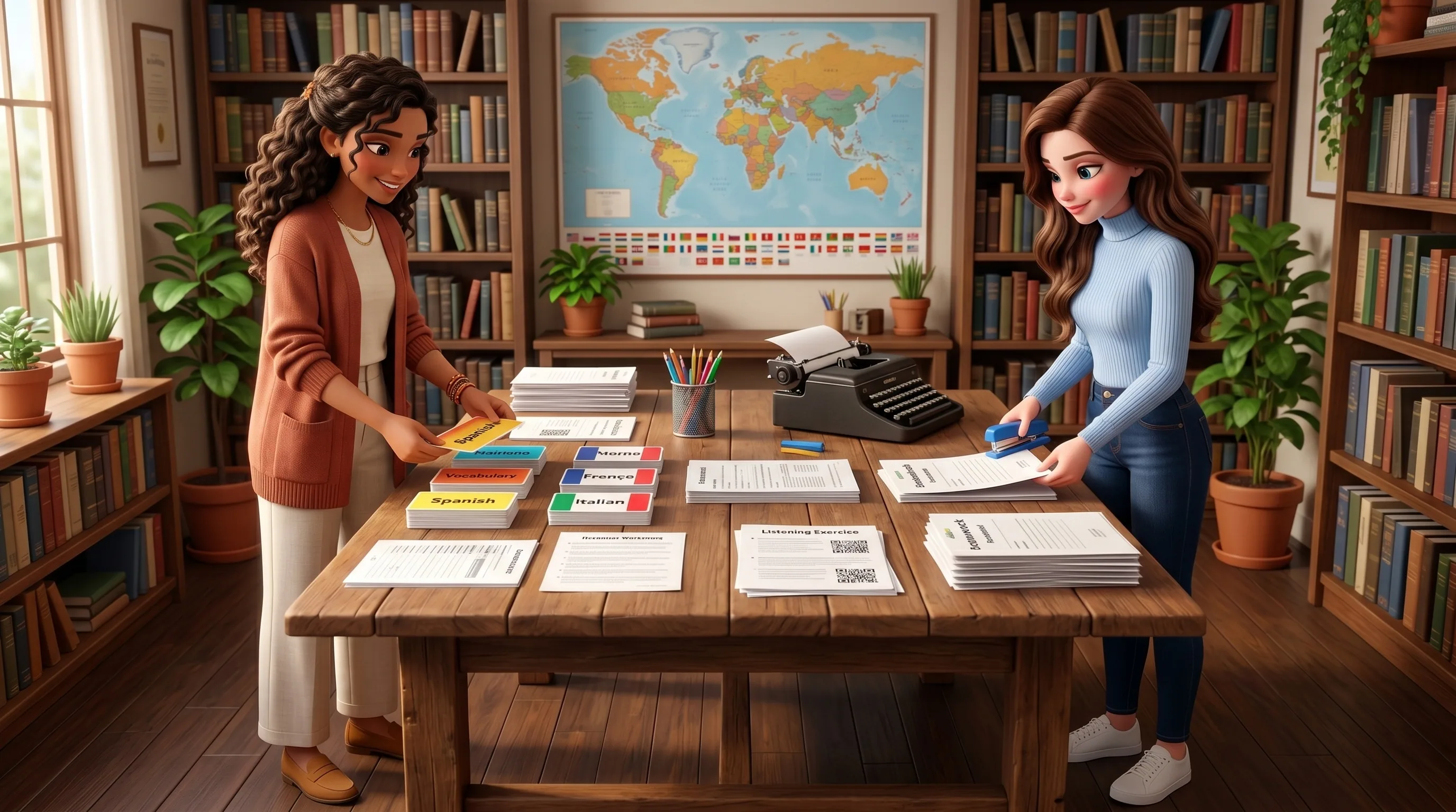 The Linguara principal and Mari assembling personalised homework packs at a craft table