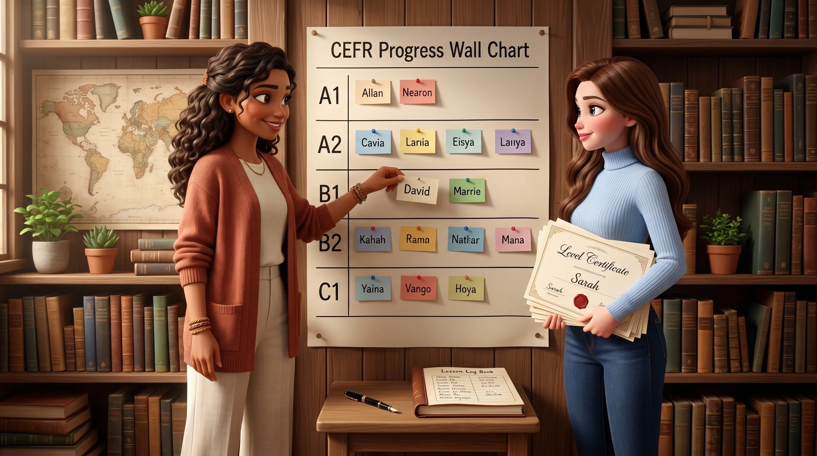 The Linguara principal moving a student card up the CEFR progress wall chart, with Mari holding the new level certificates