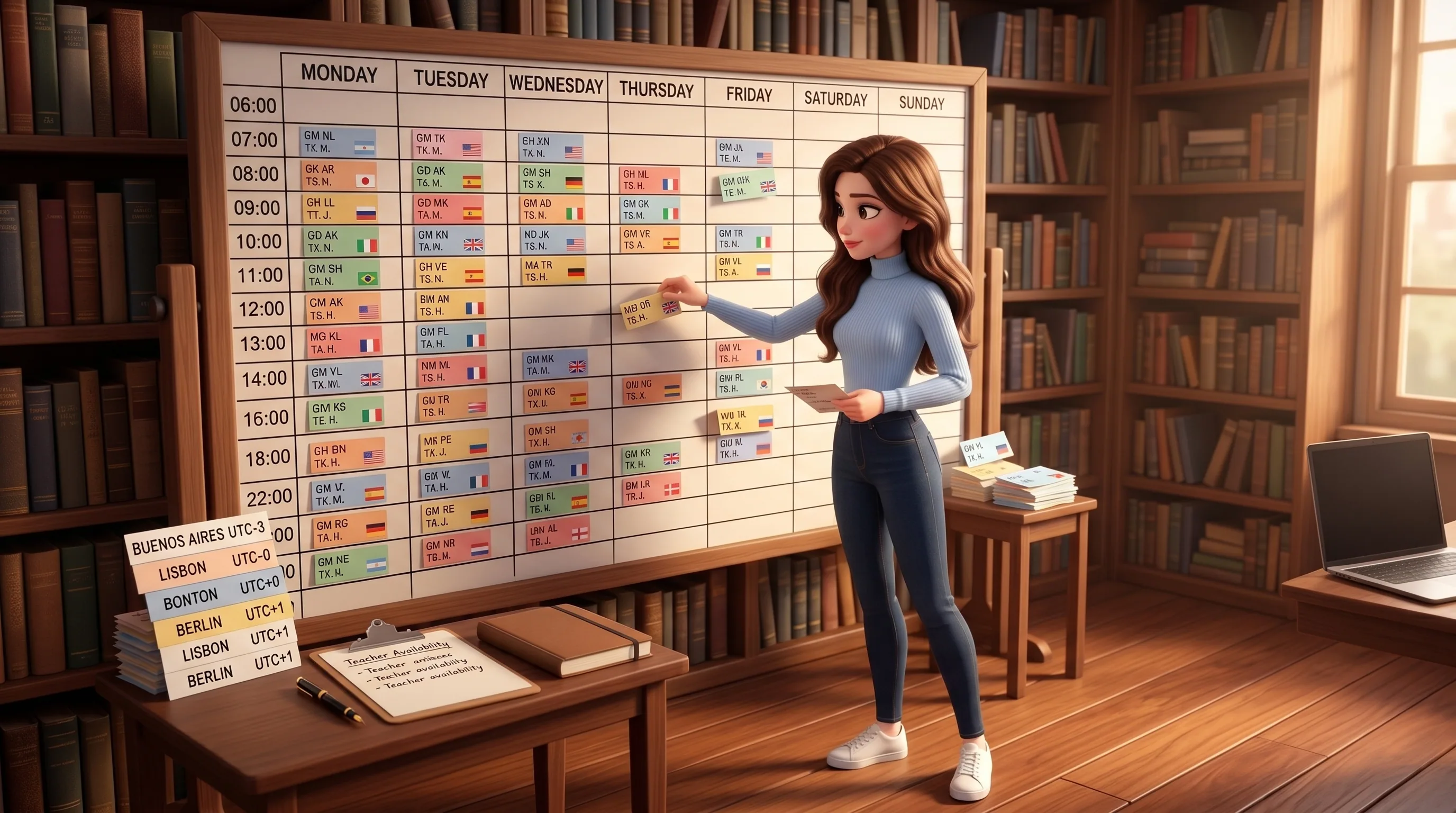 Mari at a tall wall-mounted weekly schedule grid rebalancing lesson cards across timezones