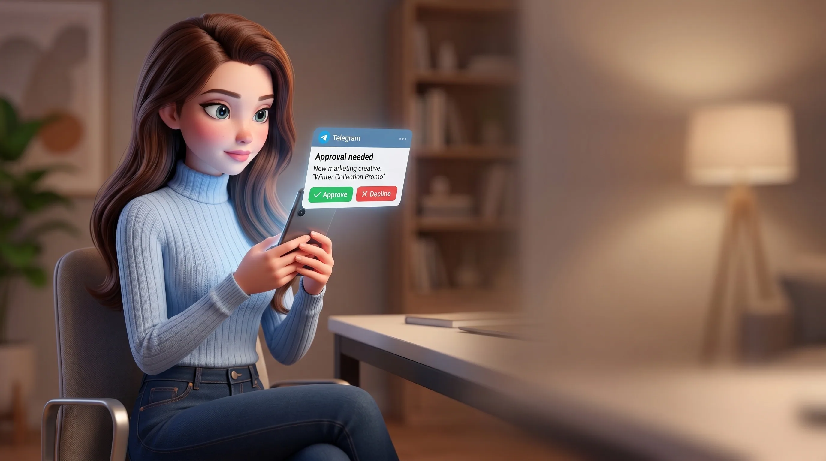 Mari holding a phone with a Telegram approval card showing Approve and Decline buttons
