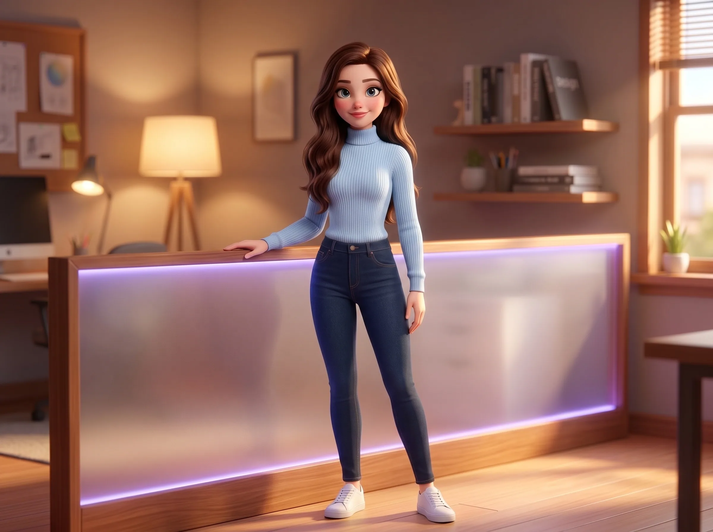 Mari with her hand resting on a soft glowing boundary partition, the fence she works within