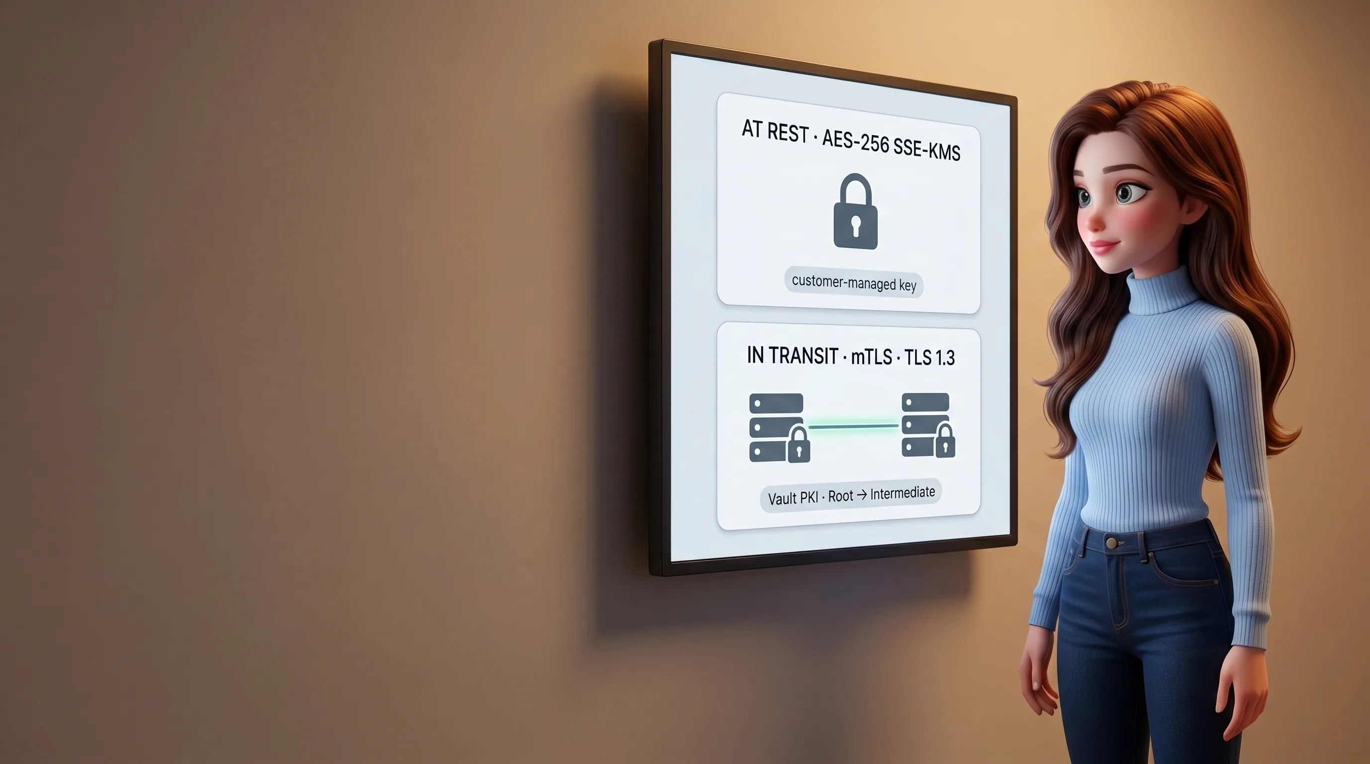 Mari at a monitor showing two cards: AES-256 SSE-KMS at rest and mTLS TLS 1.3 in transit