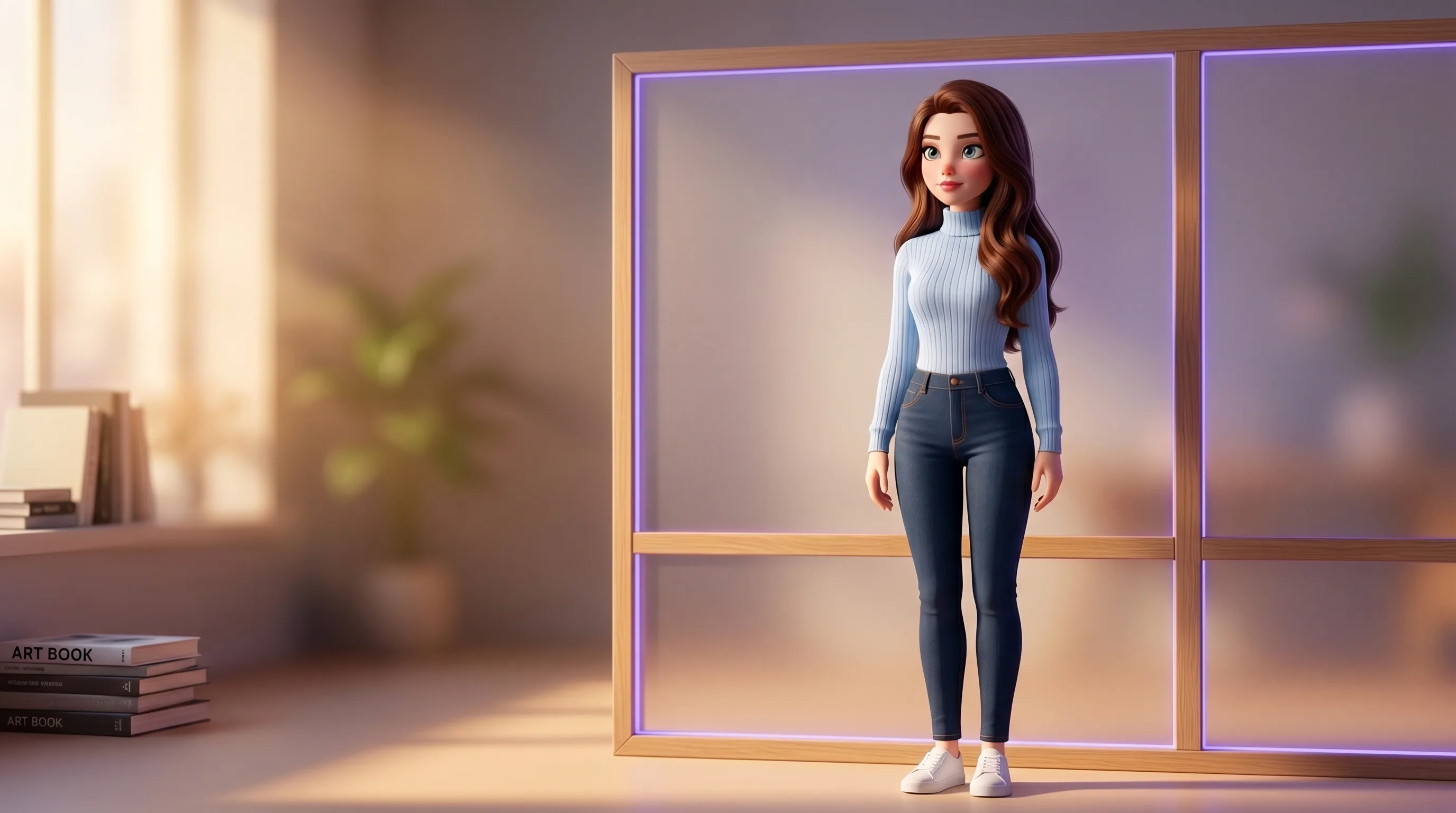 Mari inside a soft glowing wooden and frosted-glass boundary partition