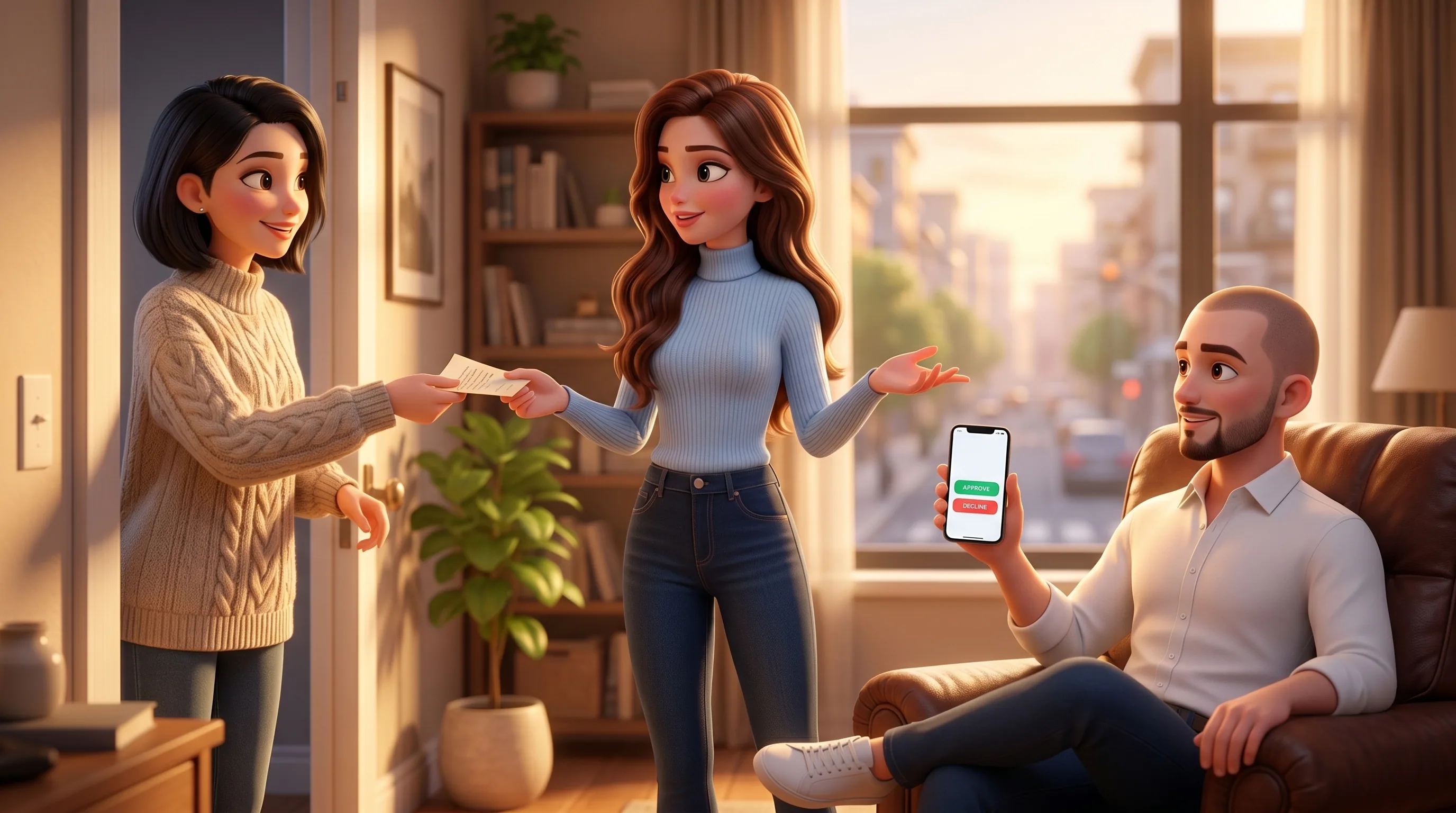 A three-character living room tableau: a peer hands a folded note to Mari in the middle, the owner sits in an armchair holding a phone with two Approve and Decline buttons