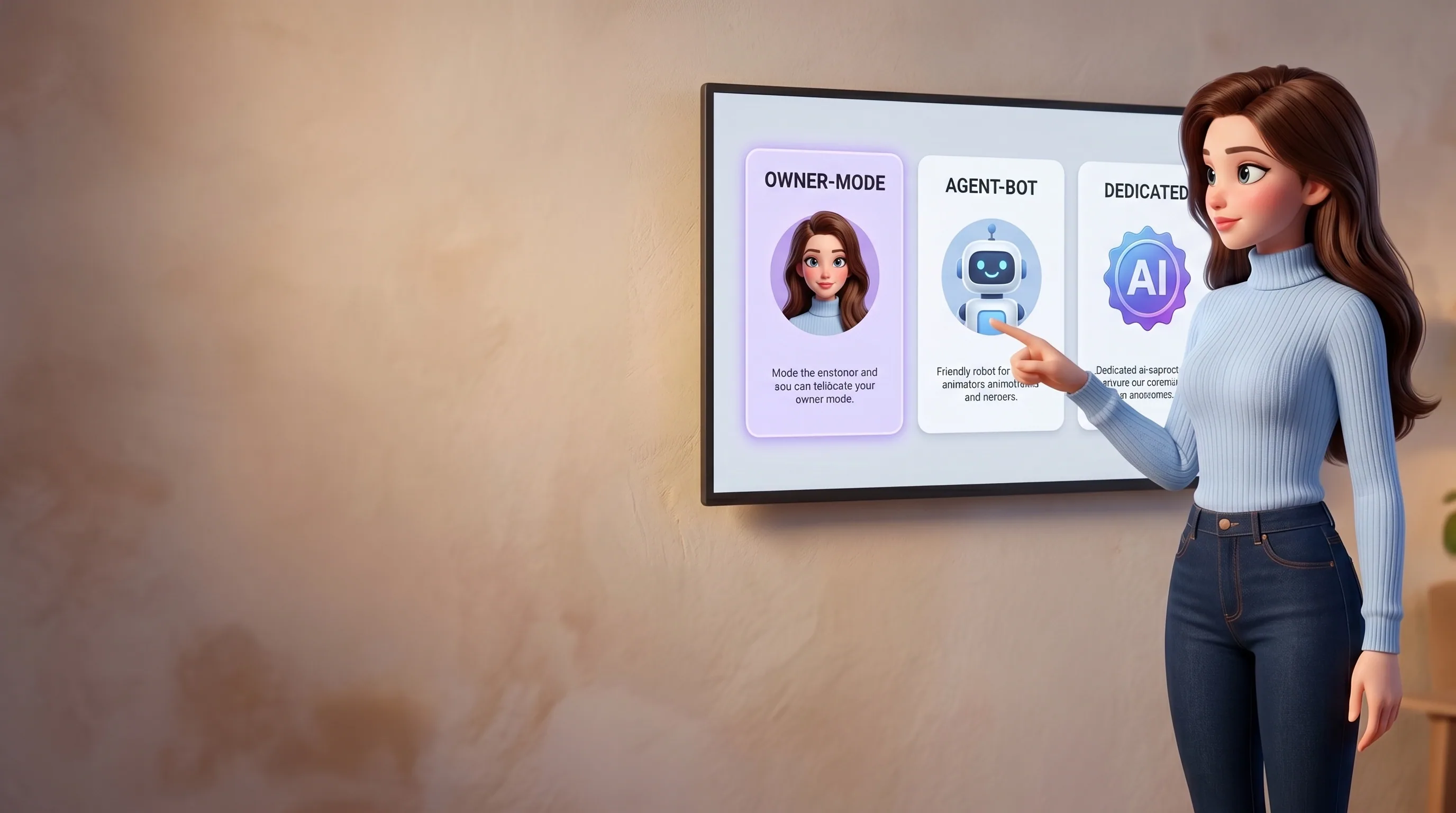 Mari at a monitor with three side-by-side mode cards: Owner-Mode, Agent-Bot, Dedicated