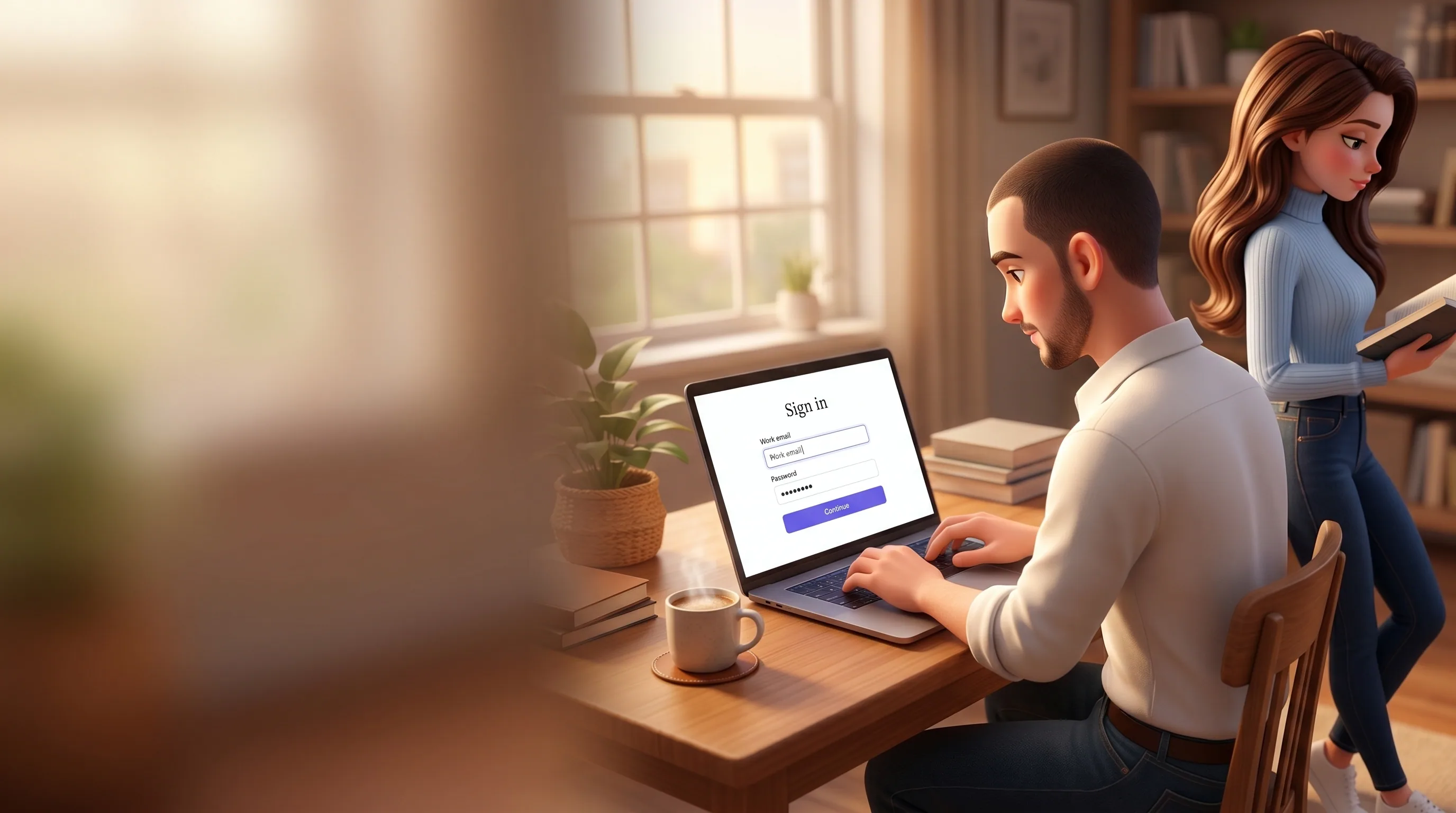 Owner sitting at a laptop typing his password into a live browser-debugger iframe; Mari standing aside, eyes politely averted