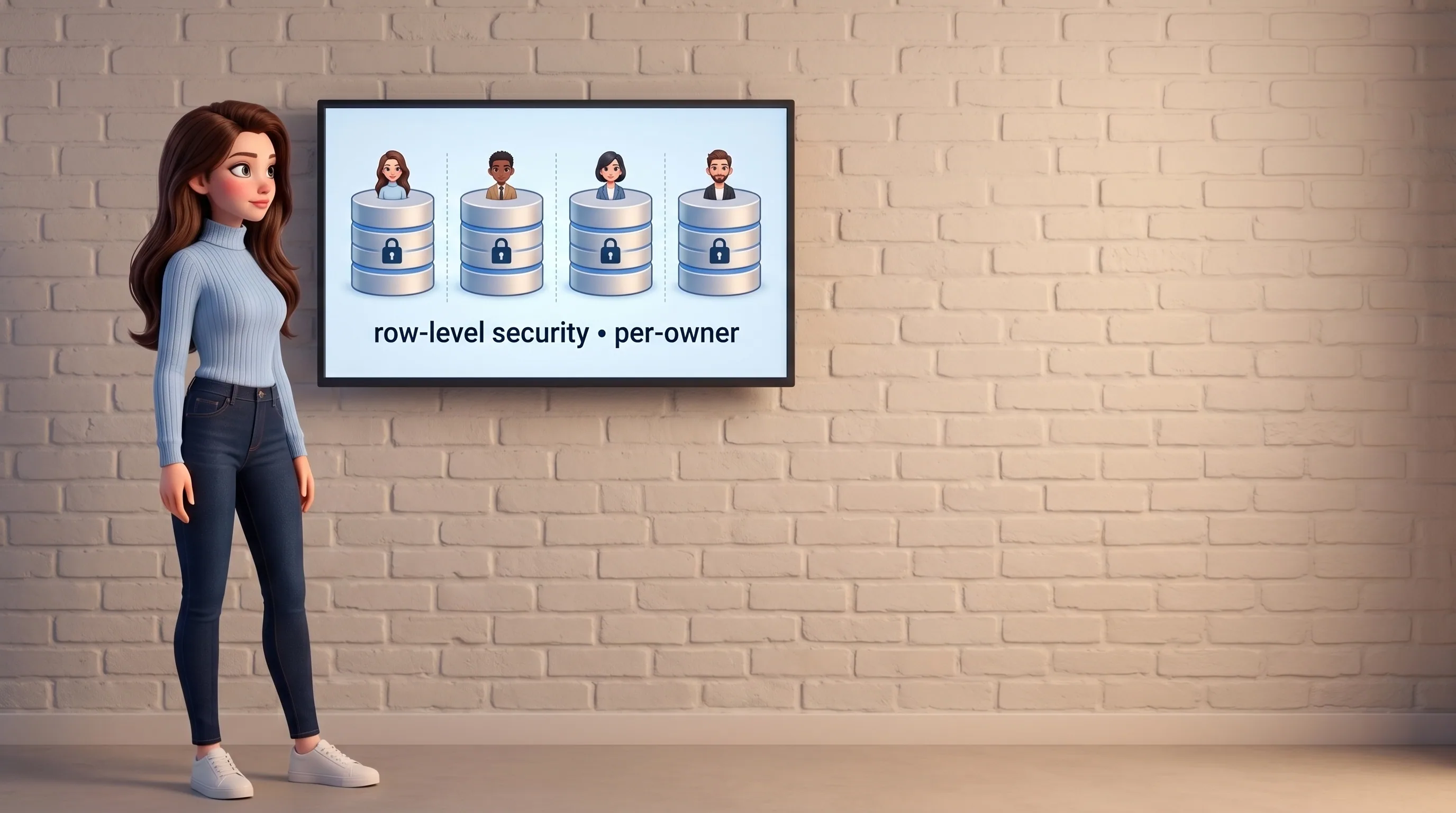 Mari at a monitor showing four isolated database silos, each owner-keyed with a lock icon