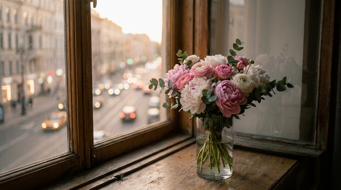 Florist hero preview: a fresh bouquet of pink and white peonies in a glass vase on a sunlit windowsill