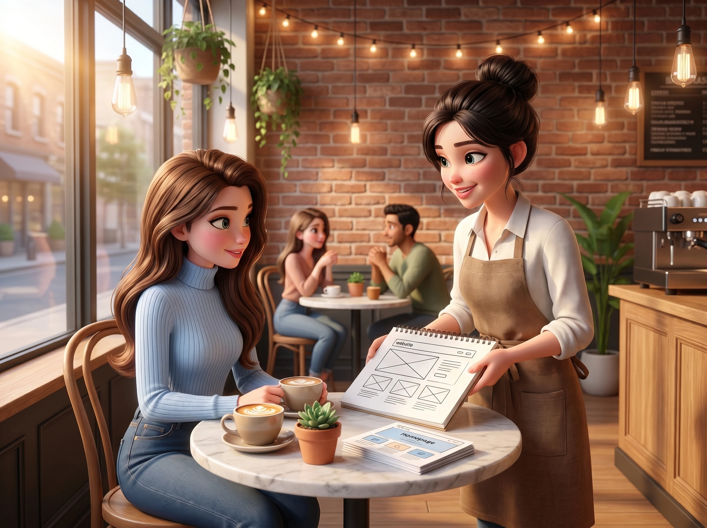Mari and a cafe owner at a marble table inside a sunlit specialty coffee shop, working through a hand-drawn website wireframe in a sketchbook with printed paper homepage mockups beside it