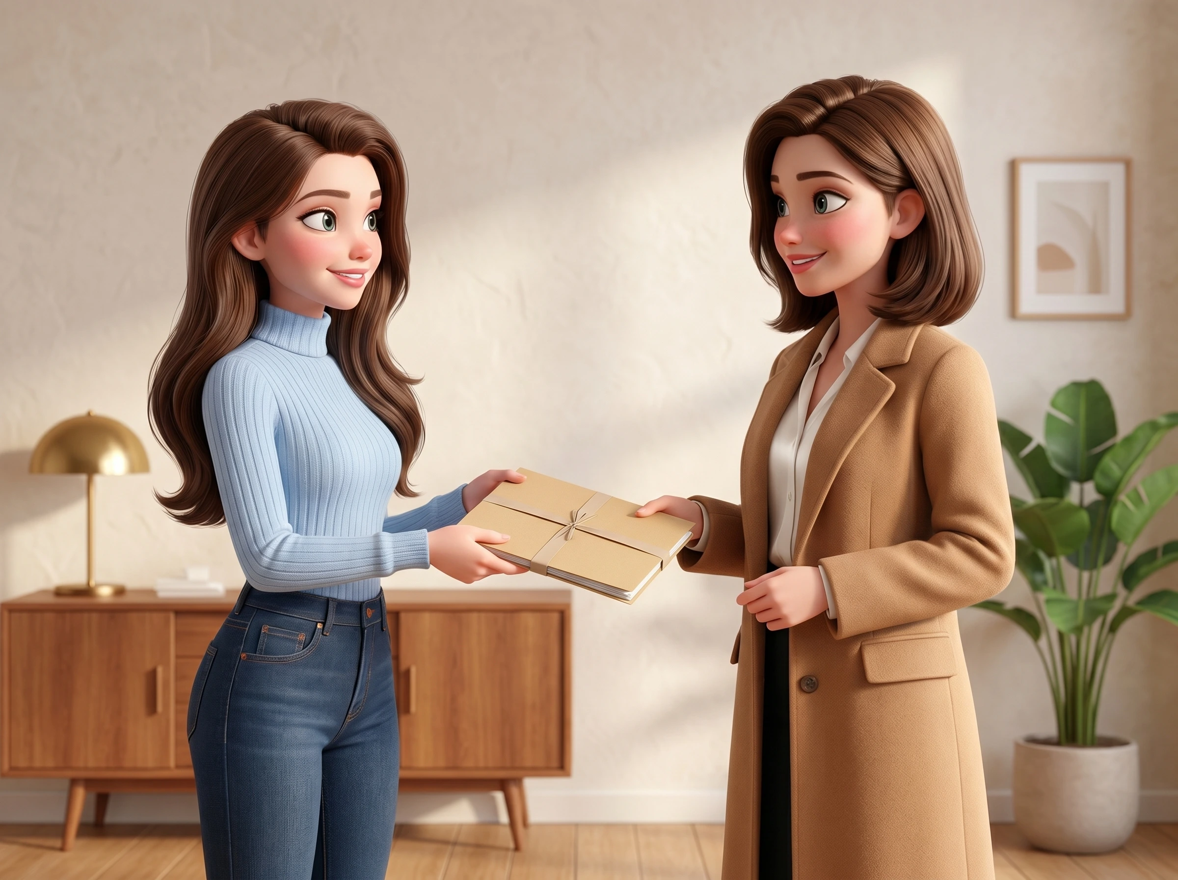 Mari handing a closed manila folder tied with a paper band to a smiling business owner in a camel coat in a warm studio reception