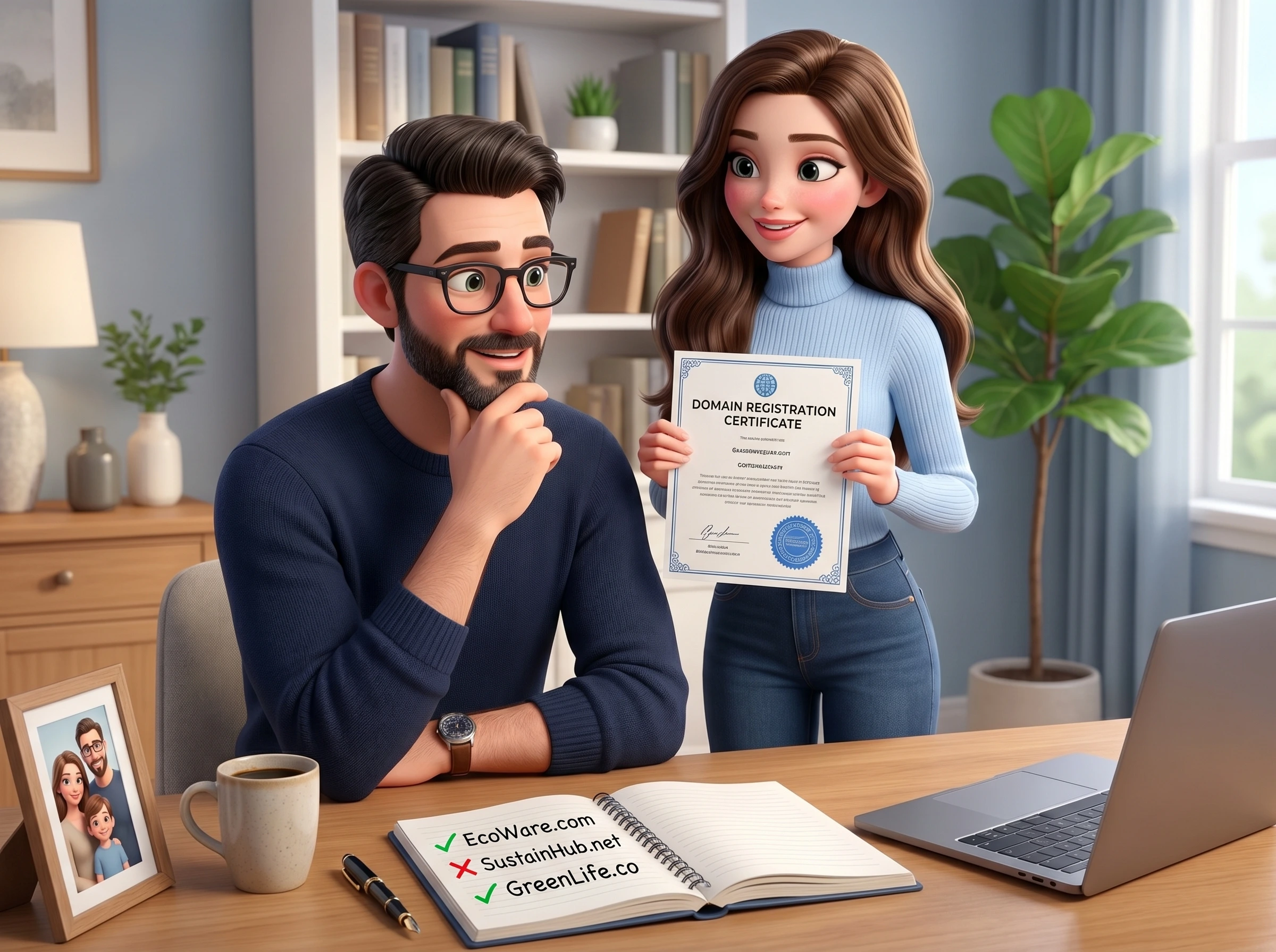 Mari holding up a paper Domain Registration Certificate for a bearded business owner sitting at his home-office desk, a notepad of handwritten domain candidates with green checks and red crosses visible on the table