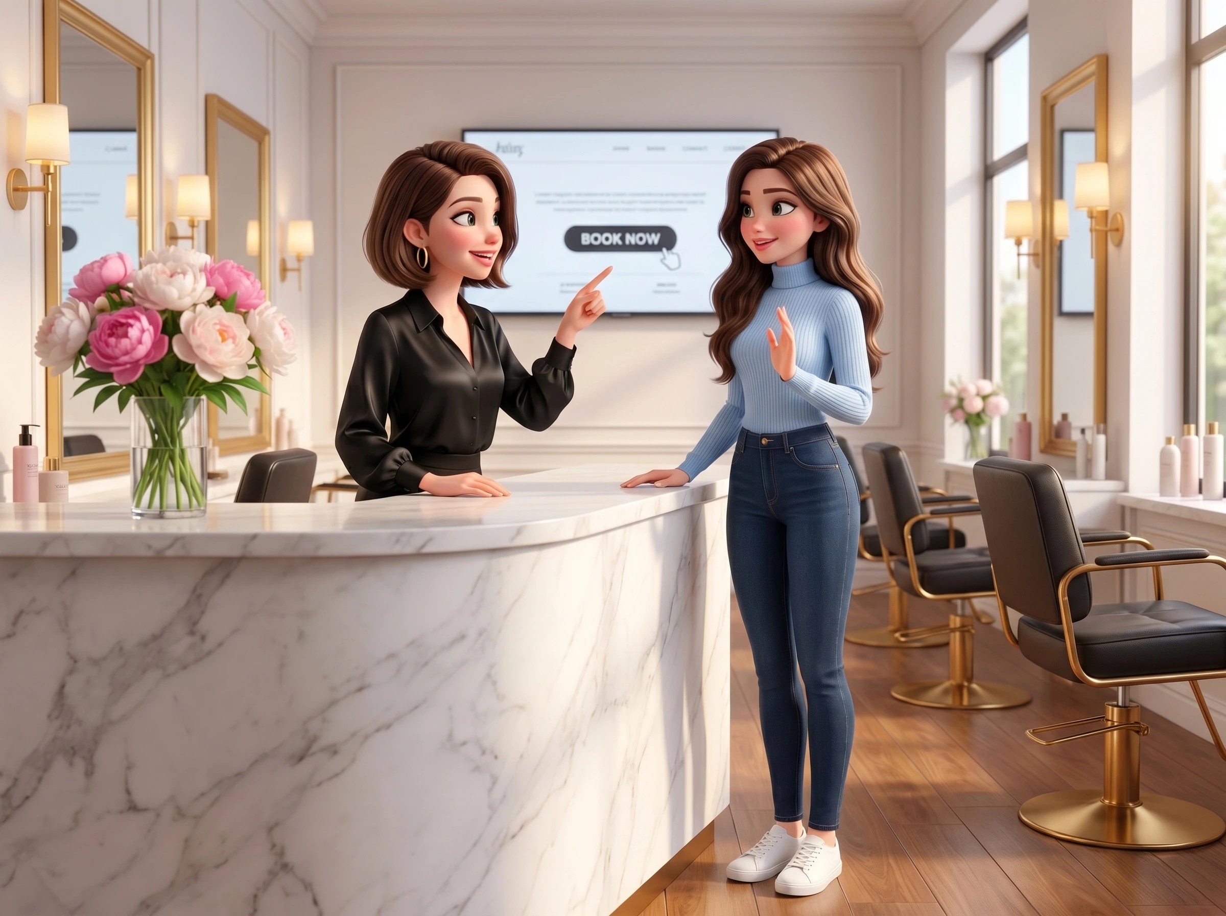Mari and a salon owner inside a chic boutique hair salon, both looking at a wall-mounted display showing the salon's website with a Book Now button while the owner points at the booking area