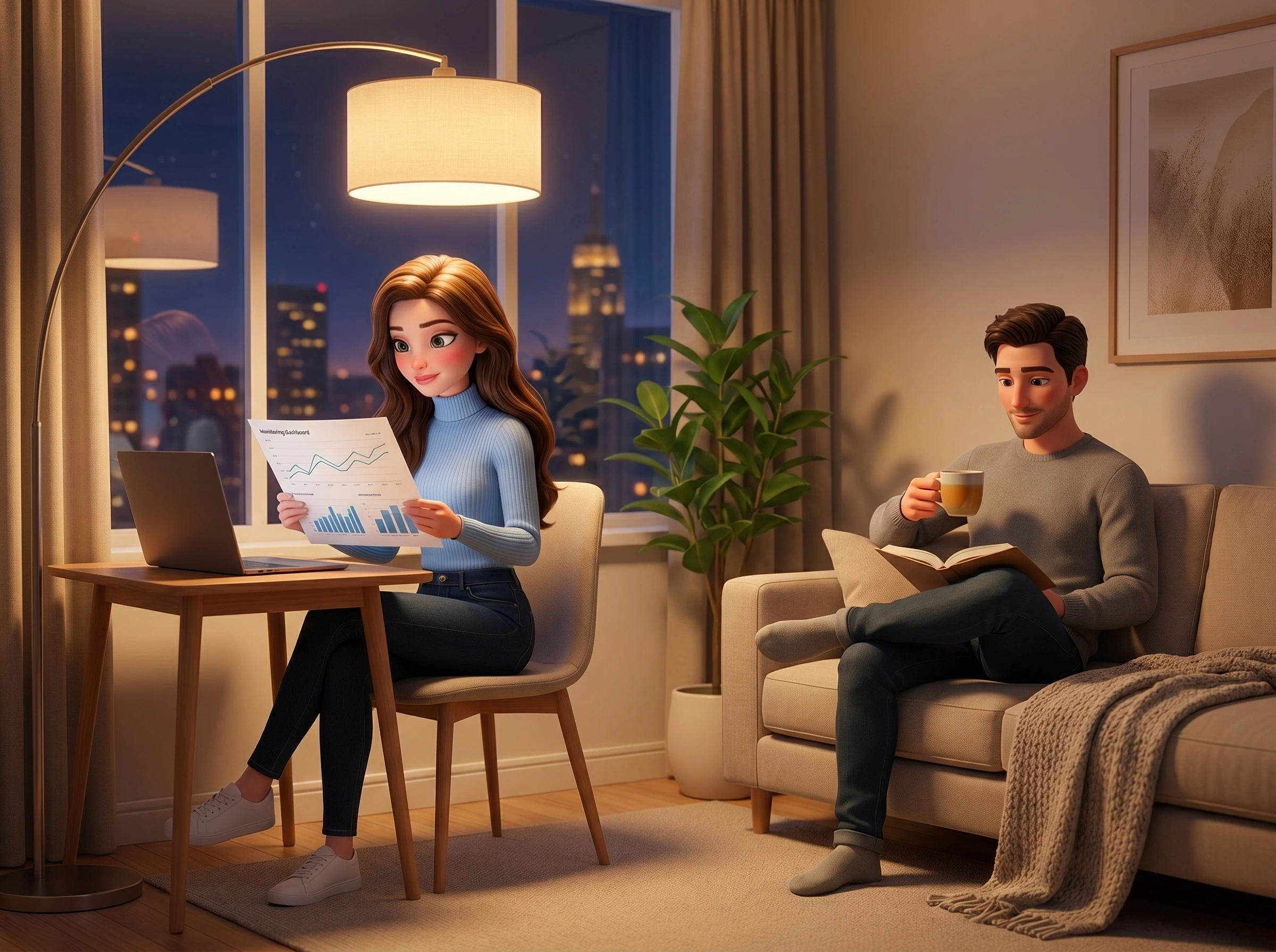 A quiet evening cozy living room. The business owner relaxes on a sofa with tea and a book while Mari works on her laptop at a small desk by the window, the city lights softly out of focus behind her