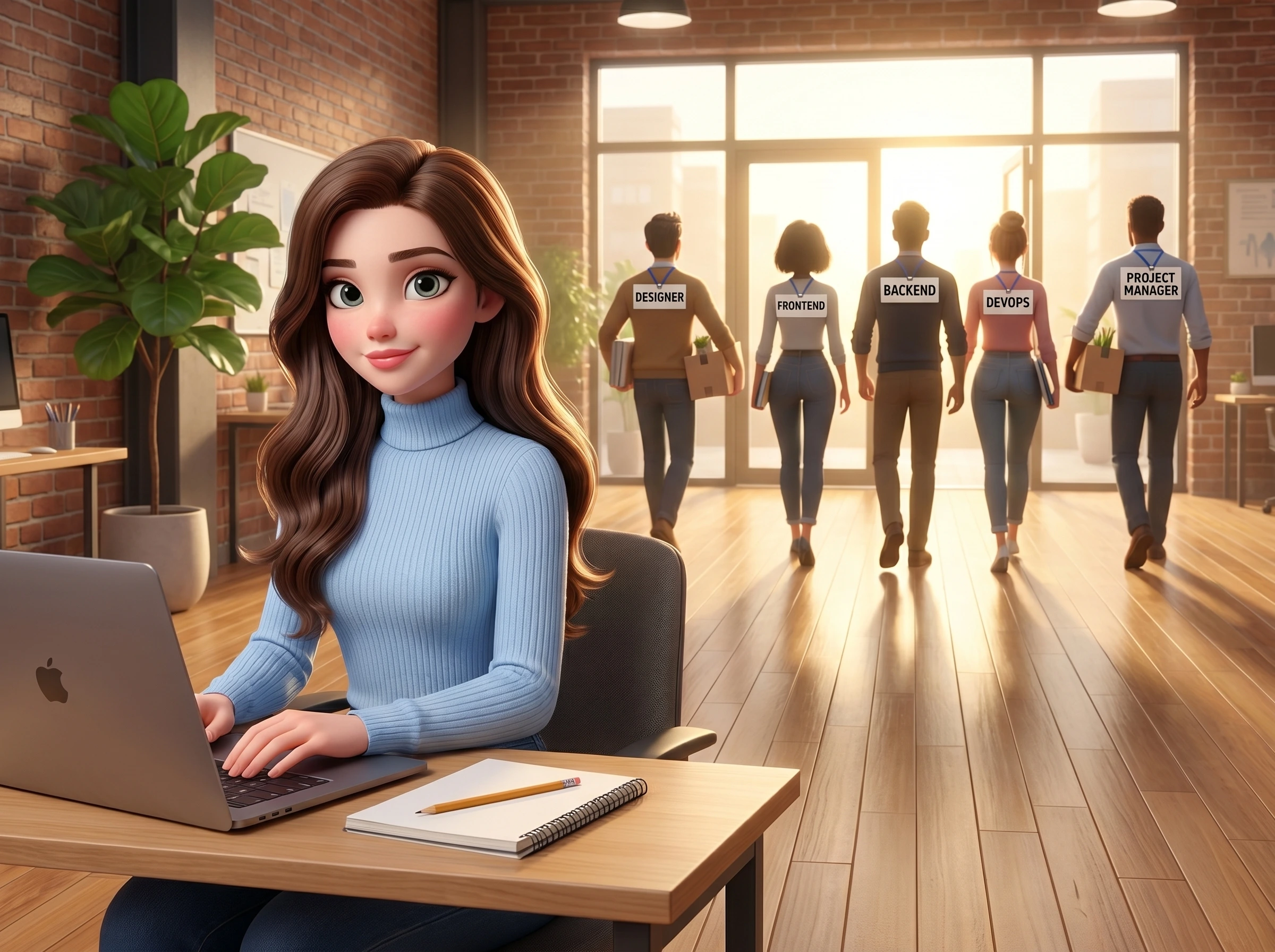 Mari at her desk in a bright office in the foreground working calmly, the five-person agency team you used to need walking out the door behind her with cardboard moving boxes and role lanyards visible on their backs