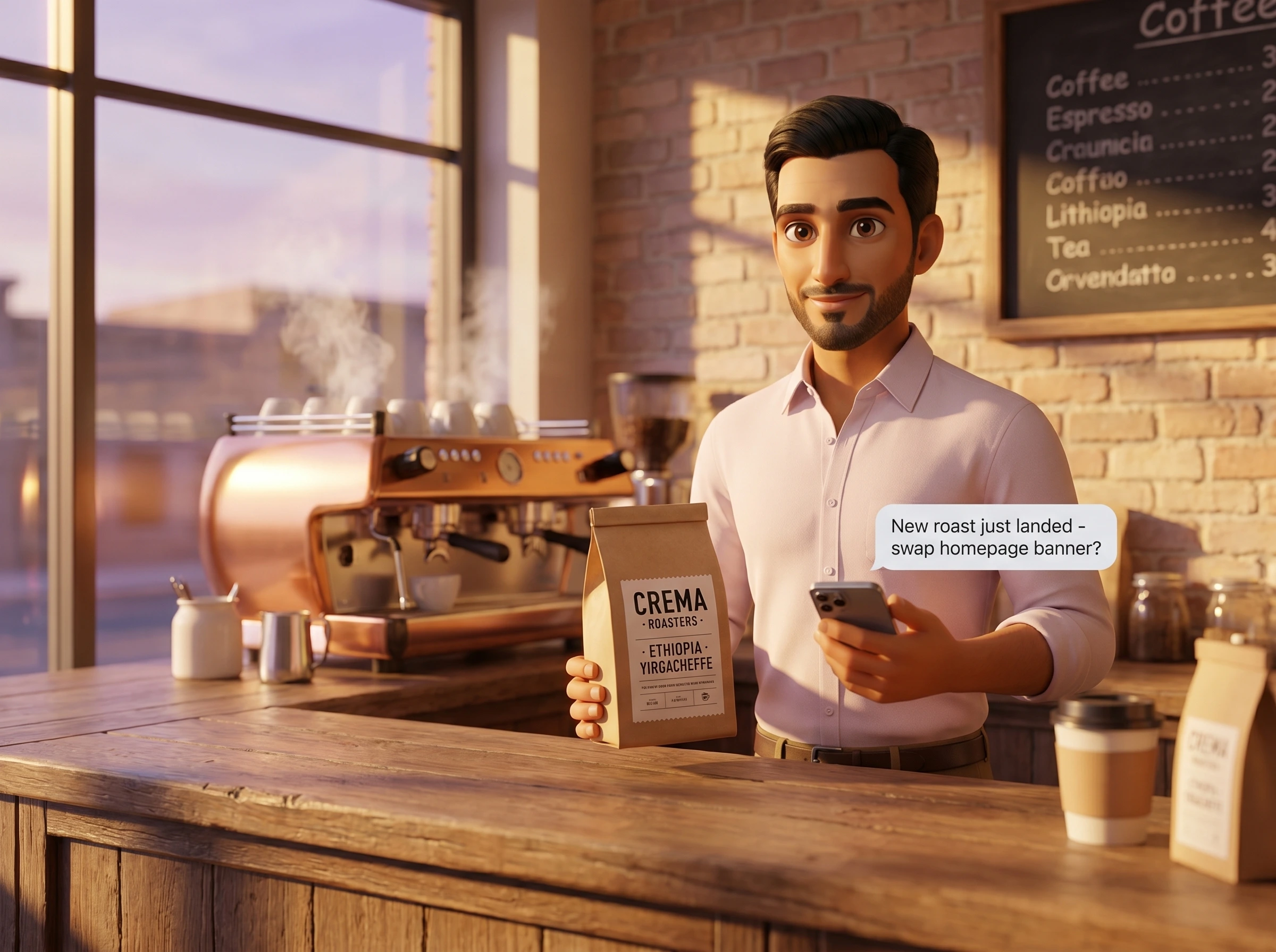 Khalid opens the shop and asks Mari to swap the homepage banner.
