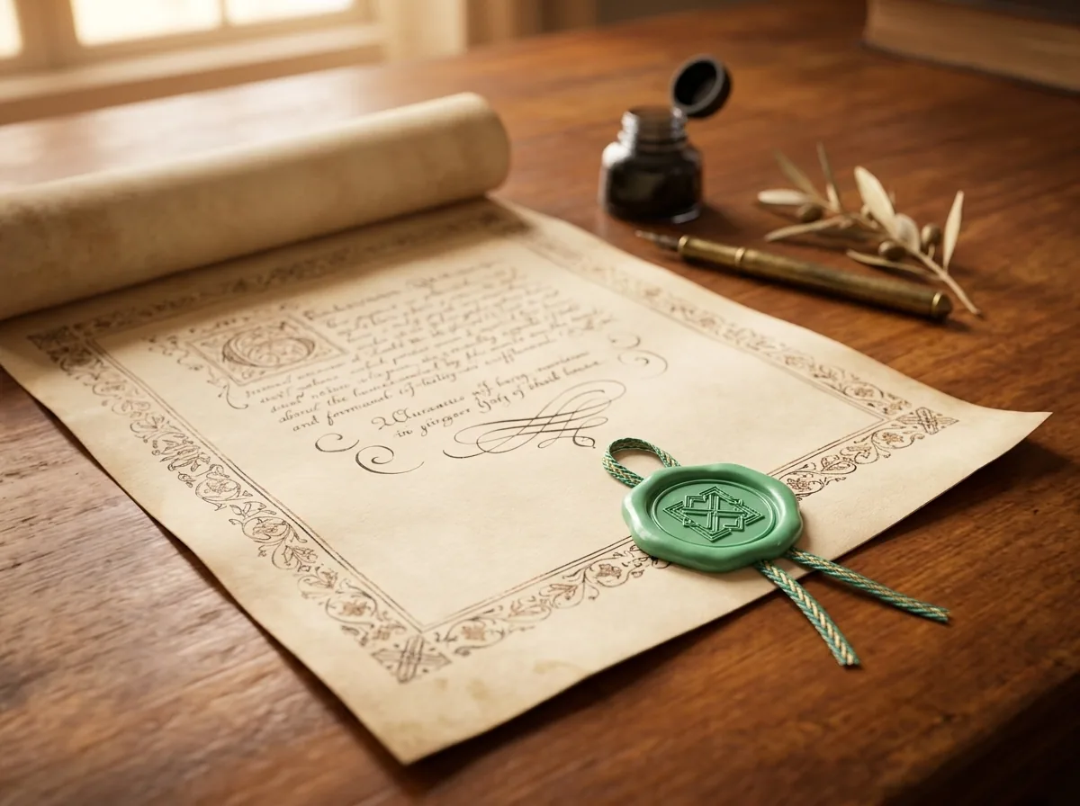 A cream parchment Founder Charter partially unrolled on a wooden table, stamped with a deep mint wax seal