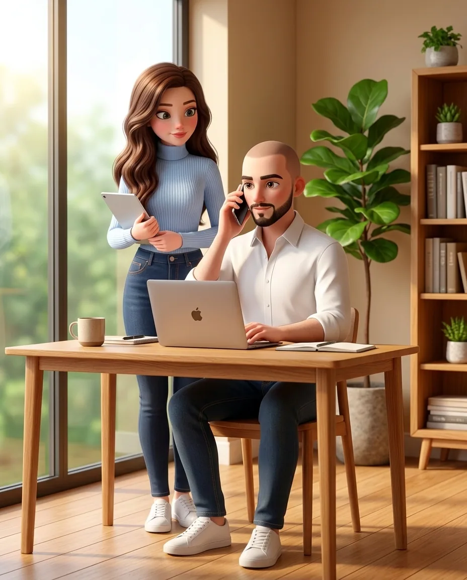The founder and Mari working together in his home office